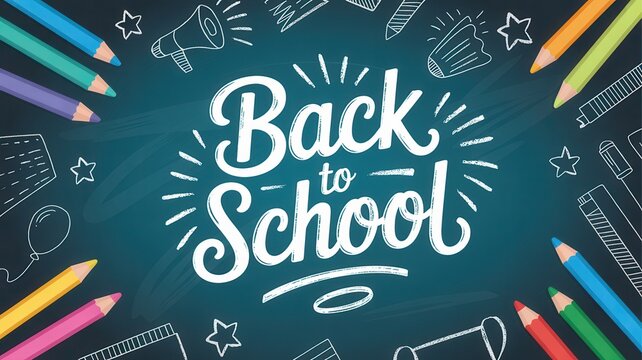 Back to school text on green chalkboard with colorful pencils and hand-drawn doodles
