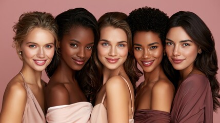 Obraz premium Five women of different ethnicities standing in a row, wearing elegant dresses, against a pink background.