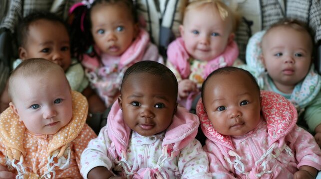 A group of diverse babies sitting together in a cozy setting.