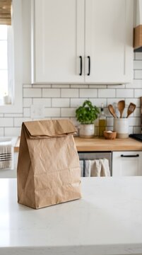 Brown paper lunch bag on white countertop in bright modern farmhouse kitchen interior scene