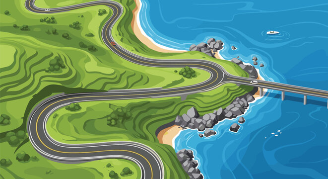 Winding asphalt coastal highway running along green hills and a sandy beach to a bridge over the deep blue ocean.