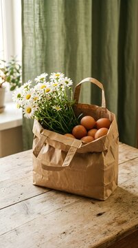 Fresh farm eggs and daisies in a brown paper bag on a rustic wooden table