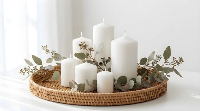 Elegant white pillar candles and eucalyptus arrangement in a woven rattan tray minimalist home decor