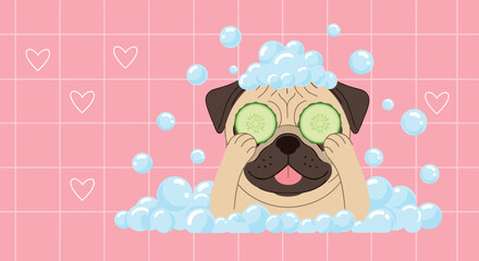 Naklejka premium Cute pug dog relaxing in a bubble bath with cucumber slices on its eyes against a pink tiled wall background.