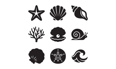 Black silhouette icons of sea life and ocean elements arranged in a grid. © MdSaimon