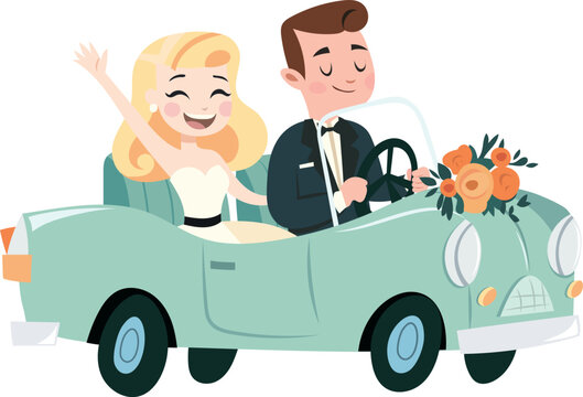Just Married Couple Driving in Wedding Car