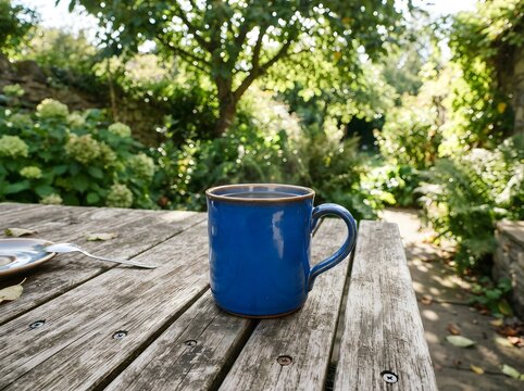 Blue ceramic mug filled with beverage on rustic wooden picnic table in lush garden setting