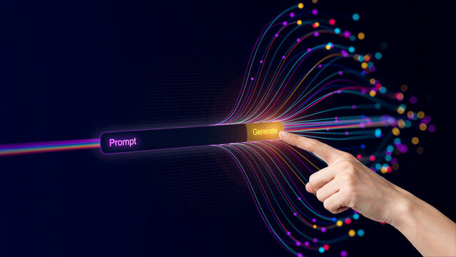 A human finger touching a glowing generate button on a digital interface representing the activation of artificial intelligence with interface triggering burst