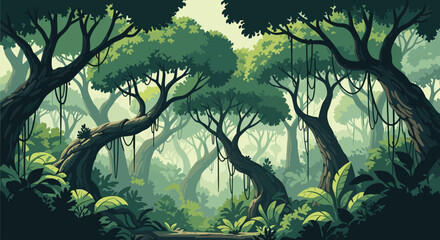 Fototapeta premium Lush green jungle rainforest landscape with tall trees, hanging vines, and tropical vegetation in flat cartoon style.