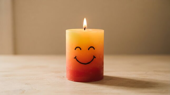 Smiling face candle with gradient colors lit flame and wooden surface positive energy concept