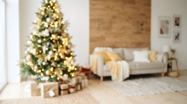 Festive christmas scene blurred interior with decorated tree gifts and cozy living room setting