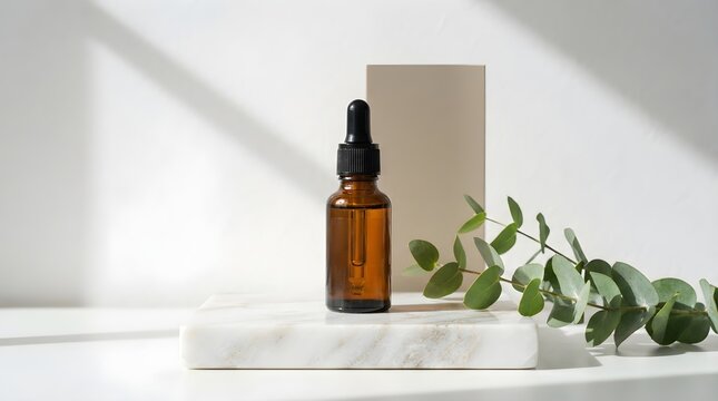 Amber glass dropper bottle with eucalyptus on marble minimalist skincare product presentation