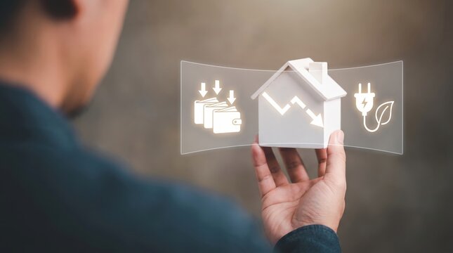 Smart Eco Home Budget Optimization: Energy Cost Reduction Plan, Sustainable Financial Wallet Tracking, and Real Estate Property Utility Savings Using Interactive Floating White Line Icon Hologram