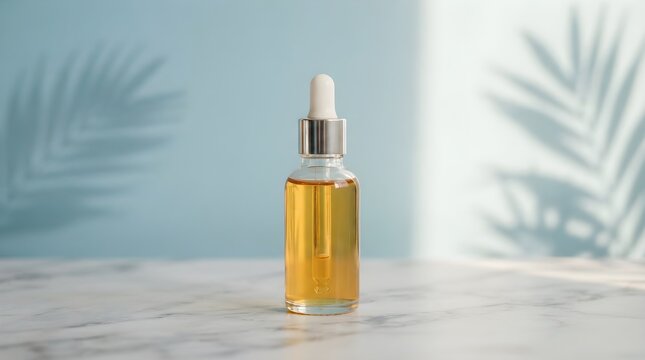 Glass dropper bottle with golden serum on marble surface tropical leaf shadow wellness product presentation