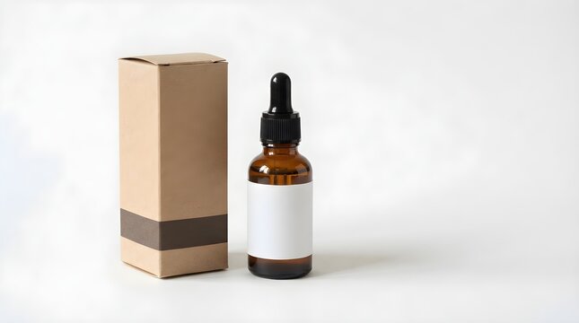 Amber glass dropper bottle with cardboard packaging mockup on white background for branding