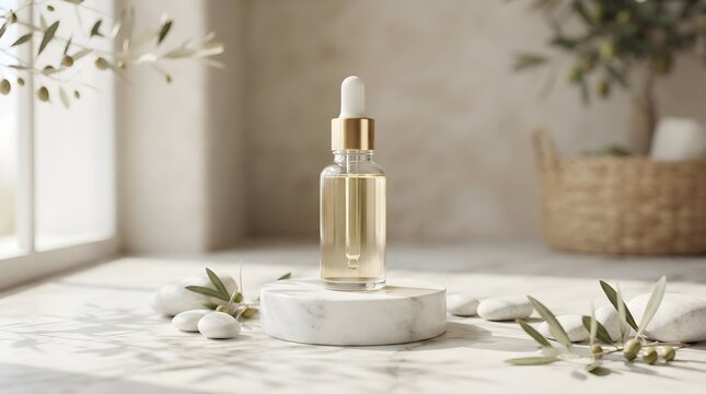 Luxurious facial serum in glass bottle with dropper styled with olive branch and marble display