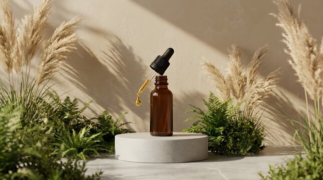 Amber glass dropper bottle with serum displayed on white pedestal with pampas grass and ferns