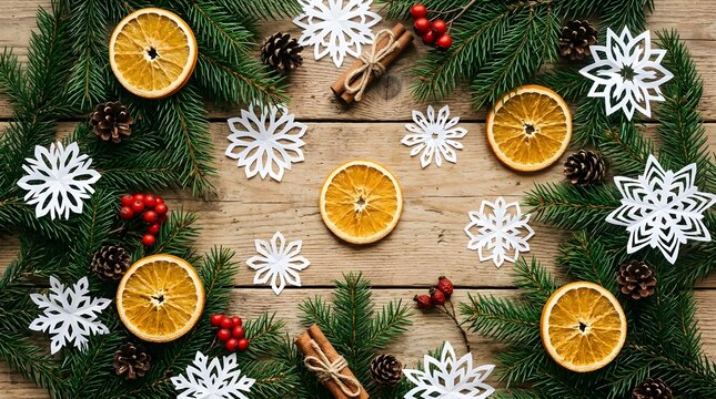 Festive holiday arrangement with dried oranges evergreen branches snowflakes and pinecones on wood