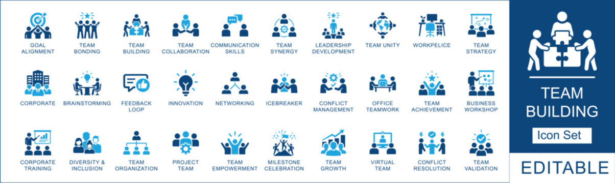 Team building icon set. Featuring teamwork, corporate training, team collaboration and synergy. Vector icons for HR posters and business apps.