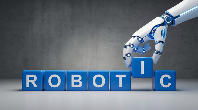 Robotic System Automation Concept with Mechanical Hand Placing Blue Alphabetic Building Blocks