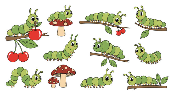 Collection of cute green caterpillar characters in different poses crawling on tree branches, leaves, apples, and mushrooms on white.