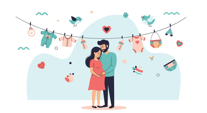 Loving husband embracing his pregnant wife standing in front of a clothesline with various baby garments and birds on white background.