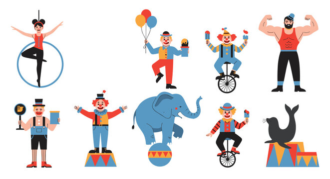 Diverse collection of circus performers and animals including clowns, acrobats, strongman, elephant, and seal in a flat design style.