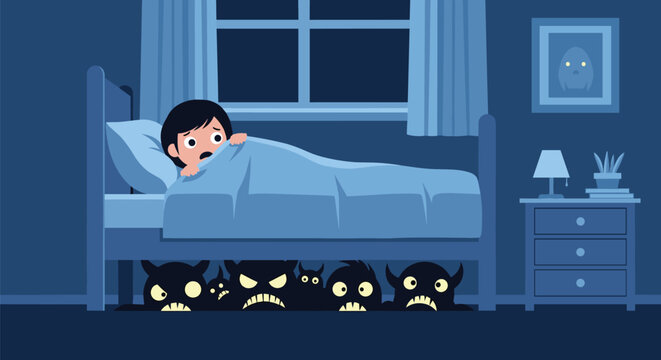 Scared little boy hiding under his warm blanket in bed while spooky monsters peek from under the bed in the dark.