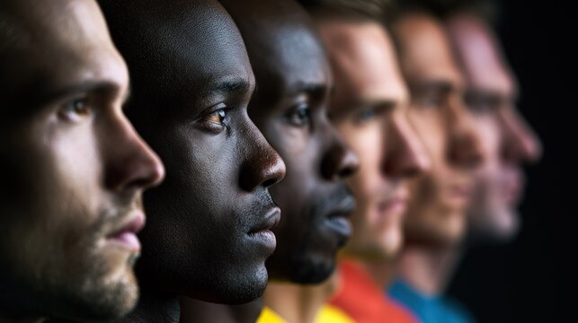 A group of men standing in a row, facing forward, with a black background.