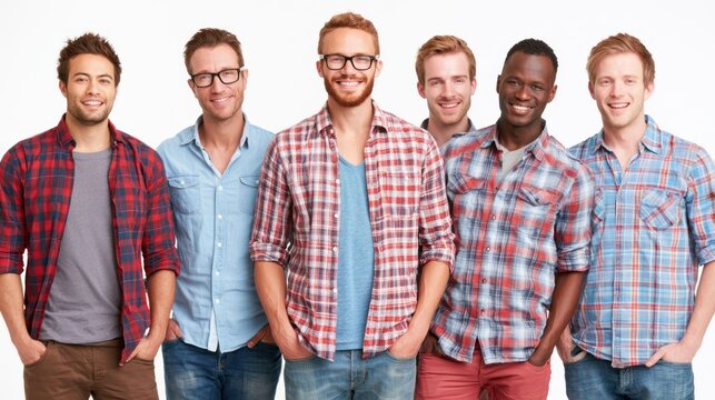 A group of six men standing side by side, wearing casual clothing, against a white background.