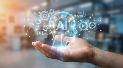 Fototapeta premium Hand holding glowing digital AI head with gear and communication icons for artificial intelligence concept, AI technology, machine learning, and digital transformation network.