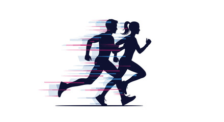 Obraz premium Silhouettes of a man and a woman running with motion blur effects for marathon and athletic competition concepts.