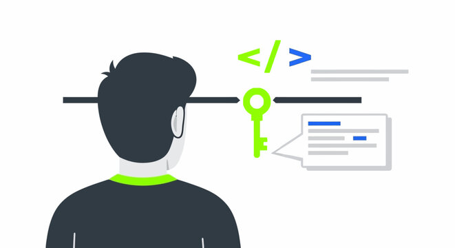 Software Development and Cybersecurity Concept Illustration Featuring a Programmer with Coding Symbols and a Security Key on White Background