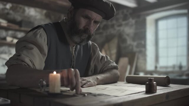 Medieval inventor extinguishing a burning candle with a snuffer on a rough wooden table next to a wing drawing inside a workshop with stone walls