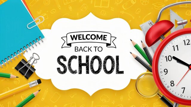 Welcome back to school banner with alarm clock and stationery on yellow background