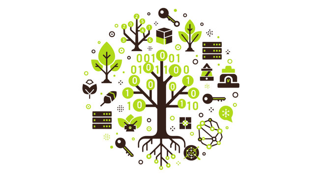 Sustainable Technology and Green Data Concept Illustration with Binary Tree and Ecological Icons
