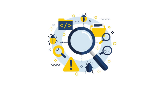 Software Debugging and Quality Assurance Concept Illustration with Magnifying Glass, Code Icons, and Bugs Representing Troubleshooting and Testing