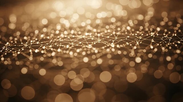 Golden spider web with dew drops glowing in soft bokeh light background