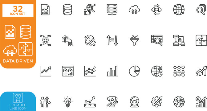 Data drivenEditable line Vector illustration icon set. featuring big data architecture, data pipeline, ingestion, analytics, visualization, storage, cloud integration, data quality, and database secur