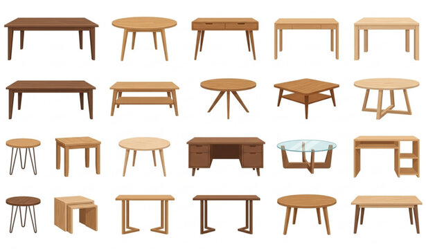 Wooden table furniture vector set with modern interior desks isolated on white background