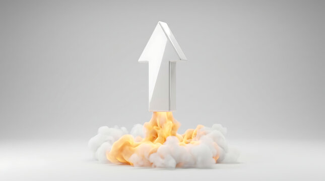 White 3D arrow lifting up with fire flames and smoke cloud like a rocket launch