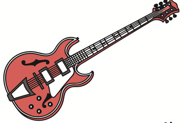 Fototapeta premium Red electric bass guitar vector illustration with a white background and black details, showcasing a modern musical instrument design in a graphic style