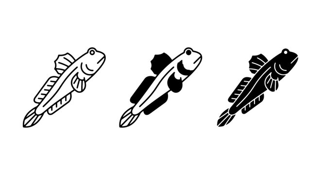 Mudskipper Fish Vector Icons Set, Aquatic Marine Life Illustrations, Simple Line Art and Silhouette Styles