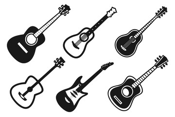 Fototapeta premium Vector illustration of six acoustic and electric guitars in black and white colors on a clean background for music and design projects