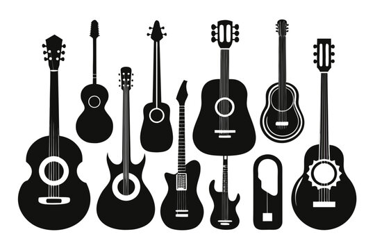 Various black guitar silhouettes on a white background in a vector graphic illustration for music design