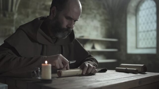 Medieval copyist with a penknife cutting a linen cord on a scroll and rolling out a record sheet, reading it inside a dark monastery workshop