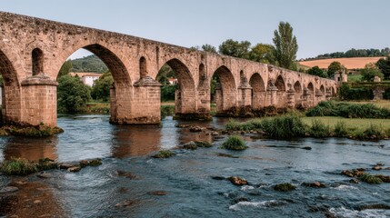 Fototapeta premium An old stone arched bridge gracefully crossing a flowing river in a lush, historic landscape