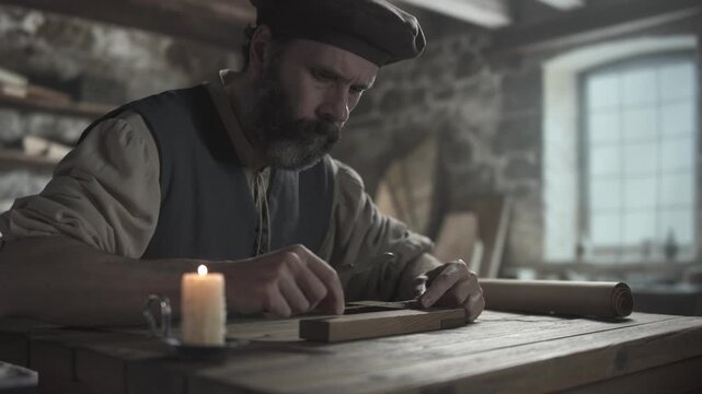 Medieval craftsman measuring a linen cord with a wooden square and cutting a piece with a small knife on a rustic table inside a workshop