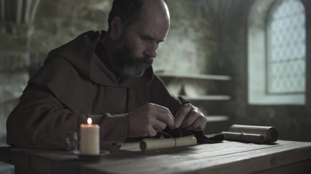 Monk in a brown habit tying a simple knot with a linen string on a parchment scroll on a table next to a burning candle, inside a monastery scriptorium, medium shot