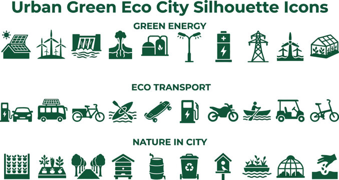 Urban Green Eco City Silhouette Icon Set
